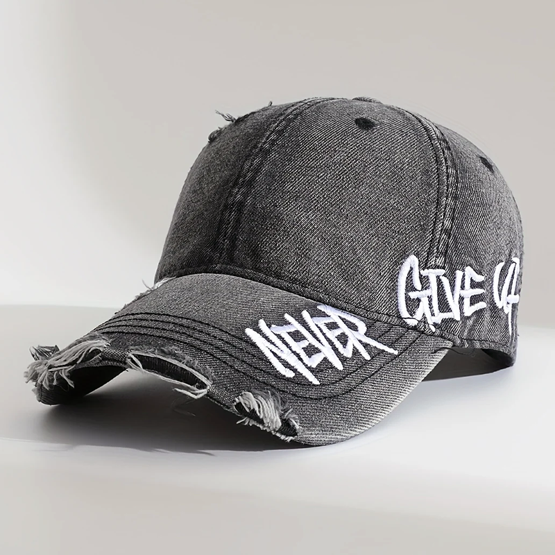 Distressed Denim Baseball Cap with Never Give Up Embroidery Cole Hampton