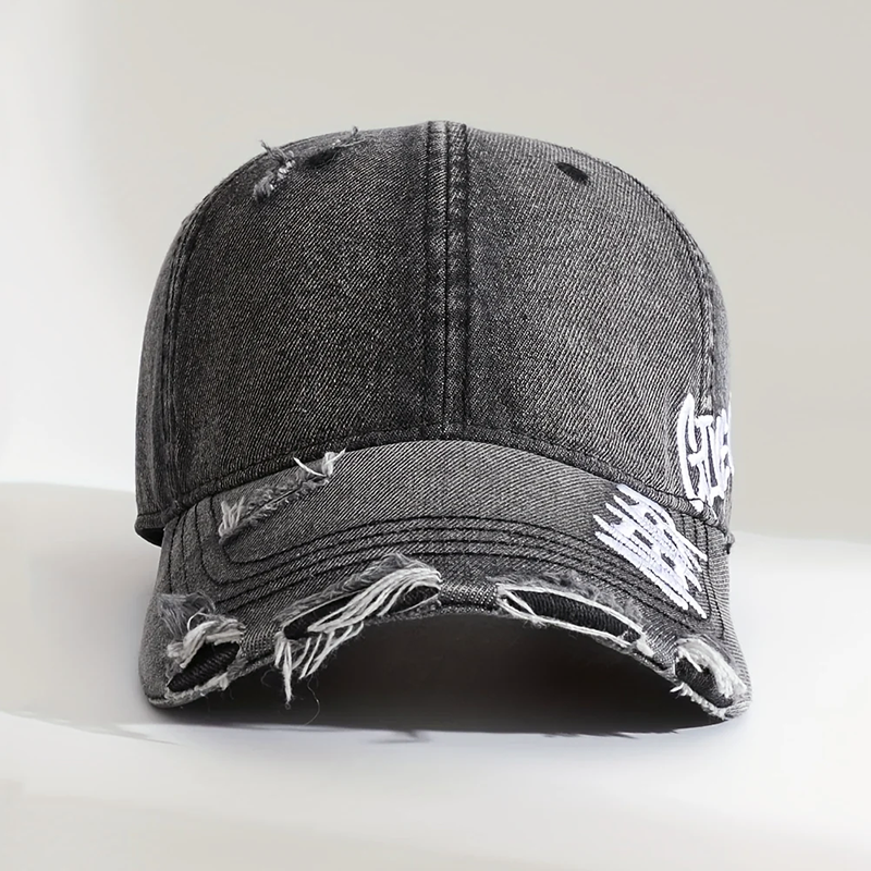 Distressed Denim Baseball Cap with Never Give Up Embroidery Cole Hampton