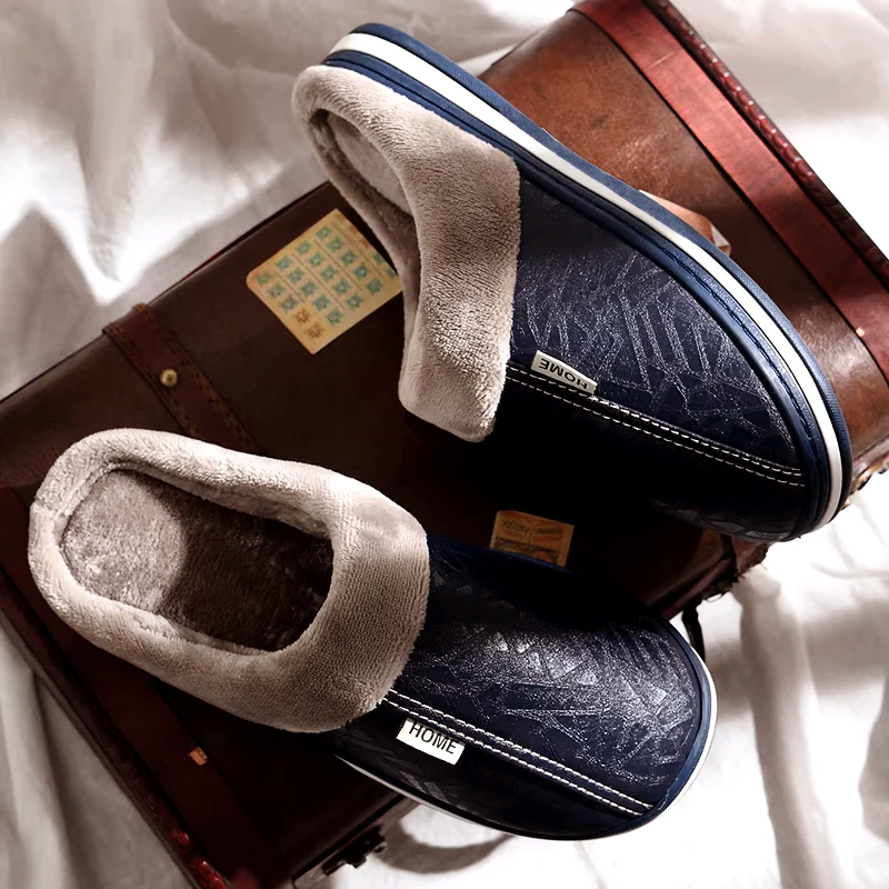Men’s Faux Leather Slip-On Home Slippers with Plush Lining Ash & Harbor