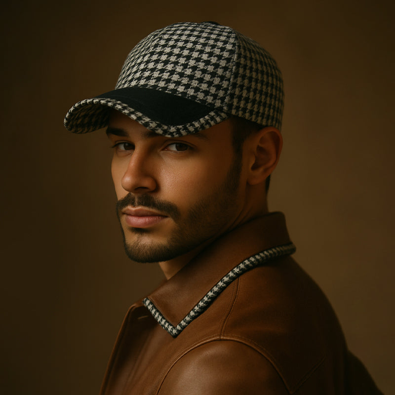 Men’s Houndstooth Cap with Faux Leather Detailing Cole Hampton