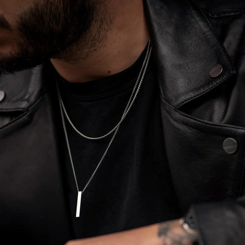 Minimalist Double Chain Necklace with Bar Pendant Cole Hampton