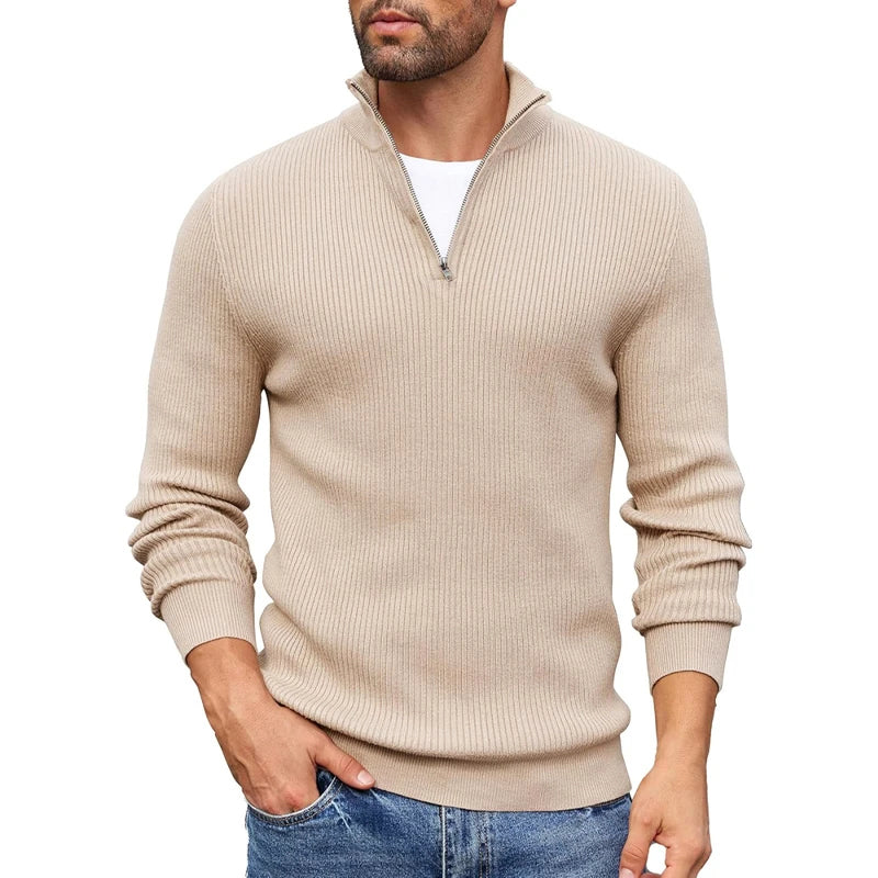 Ribbed Knit Zip-Up Collar Sweater for Men Ash & Harbor