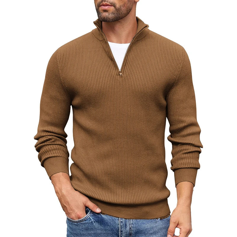 Ribbed Knit Zip-Up Collar Sweater for Men Ash & Harbor