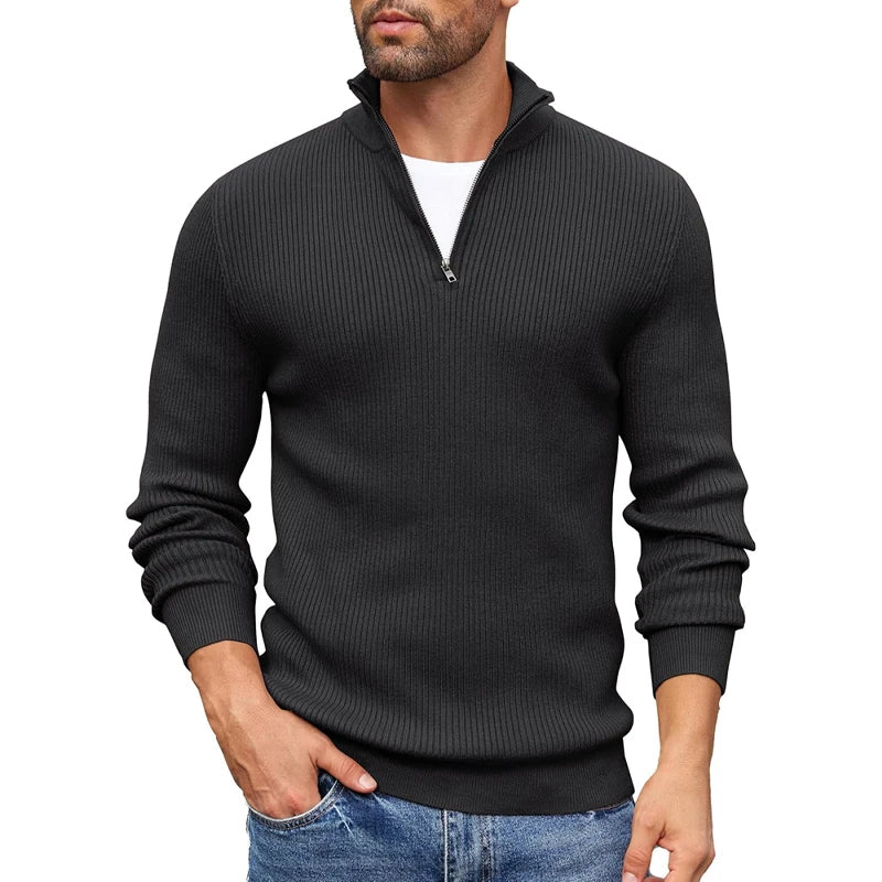 Ribbed Knit Zip-Up Collar Sweater for Men Ash & Harbor