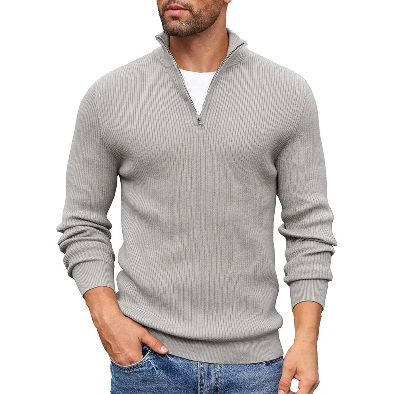 Ribbed Knit Zip-Up Collar Sweater for Men Ash & Harbor