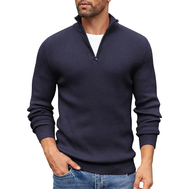 Ribbed Knit Zip-Up Collar Sweater for Men Ash & Harbor