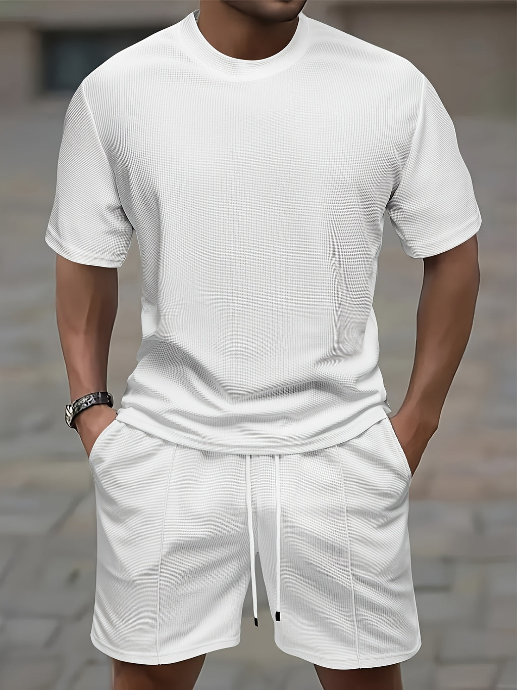 Men'S Waffle Round Neck Short Sleeve T-Shirt And Drawstring Shorts 2pcs Casual Athletic Regular Fit T-Shirt Top Spring Summer Outfit Cole Hampton