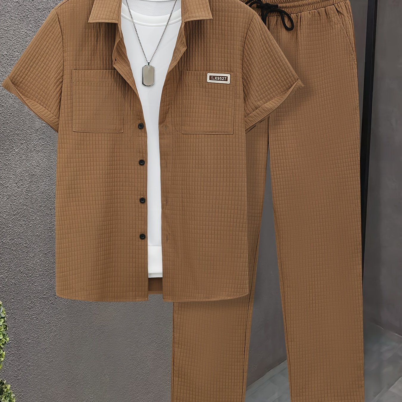 Summer Men'S Casual Bread Check Texture Short Sleeve Long Pants Shirt Set, 100% Polyester, Double-Pocket Shirt, Reversible Collar Woven Short Sleeve Top Machine Washable And Dry Clean Mature Non-Stretch Fashion Suitable for Outdoor/Office/Dating Han Cole Hampton