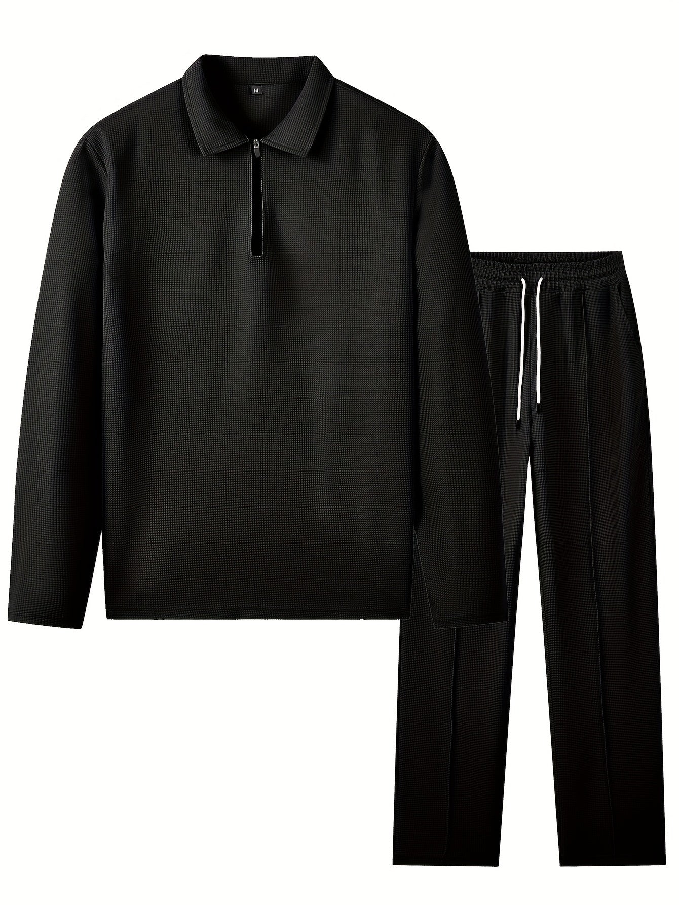 Men's 2pcs Solid Color Waffle Knit Casual Set: Long Sleeve Lapel Shirt, Long Sleeve Sweatshirt, and Solid Color Drawstring Pants. A Chic and Comfortable Casual Set Suitable for Men's Daily Casual Wear, Vacation Wear, and Spring/autumn Menswear Cole Hampton