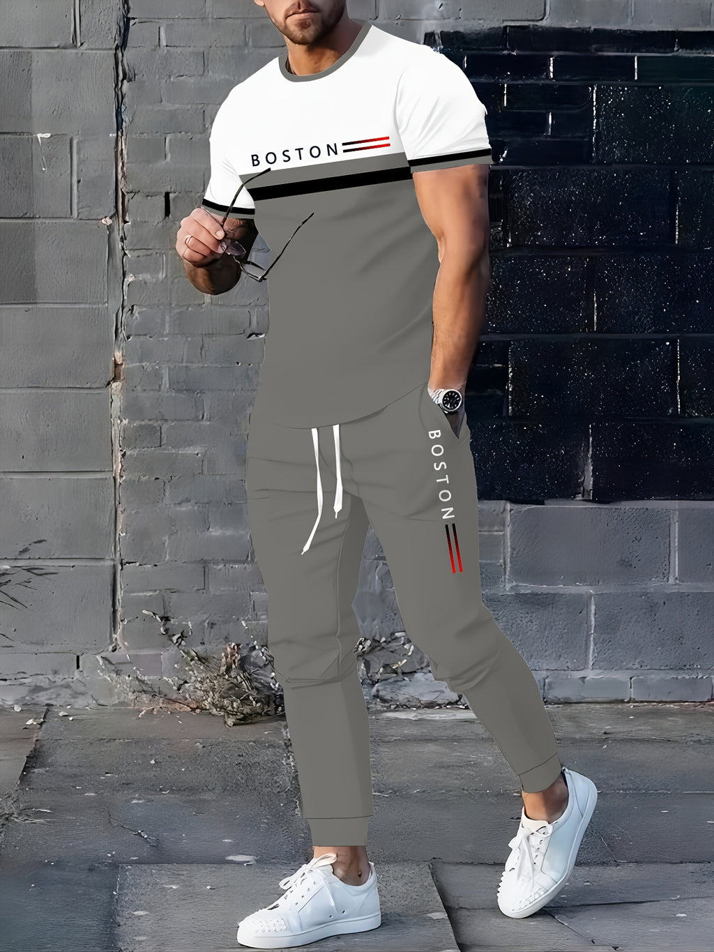 Men's Digital Printing Casual T-Shirt Pants Set - Polyester Blend, Round Neck, Slightly Stretchy, Spring/autumn Letter Printed Clothing, Regular Fit, Knitted Fabric, Suitable for Weekend Casual and Fashionable Wear Cole Hampton