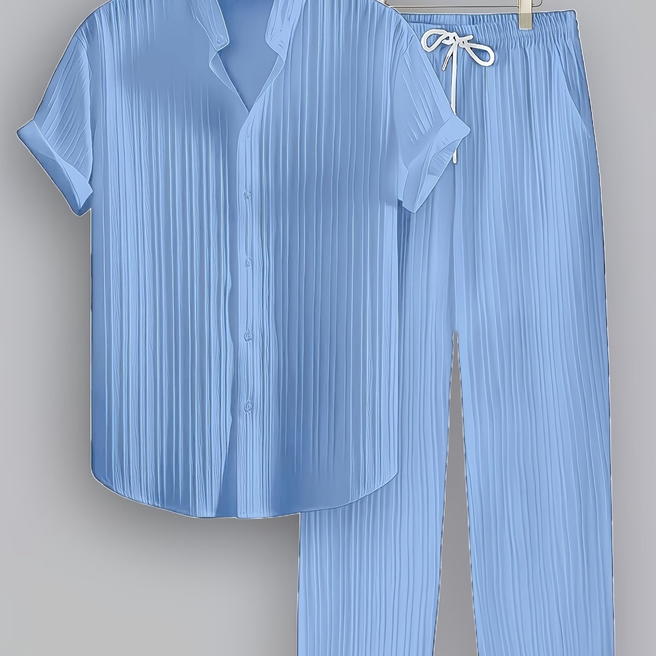 2pcs Men'S Summer Casual Striped Polyester Suit, Short-Sleeved Stand Collar Shirt And Drawstring Pants, Non-Stretch Woven Fabric, Regular Fit Suitable for Daily Wear And Beach Vacation, Solid Color, Beach Vacation Cole Hampton