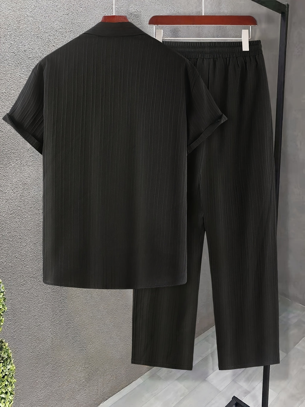 Men's Striped Casual Short-Sleeve Shirt + Casual Drawstring Lined Long Pants 2pcs Set with Elastic Waistband for Holiday Leisure Outings Cole Hampton
