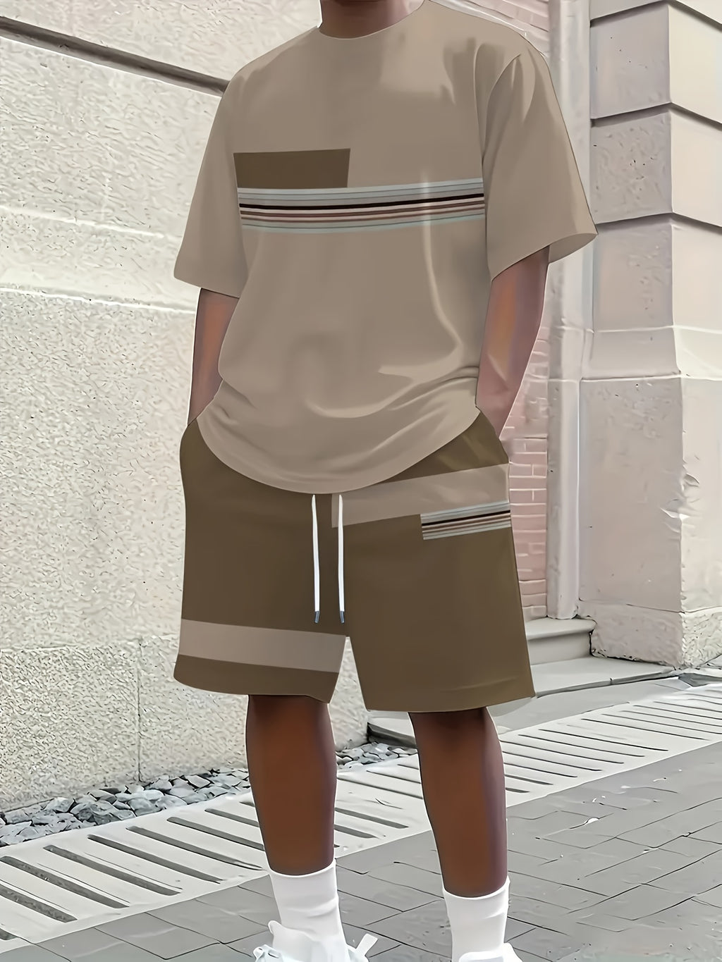 Men's Outdoor Outfit Set, Summer Trendy Fashion Short-Sleeve Crew Neck Creative Quick-Dry T-Shirt Top + Shorts, 3D Digital Print Vintage Style Striped Contrast Color Pattern, A Must-Have for Street Trendsetters, Suitable for Daily Casual Cole Hampton