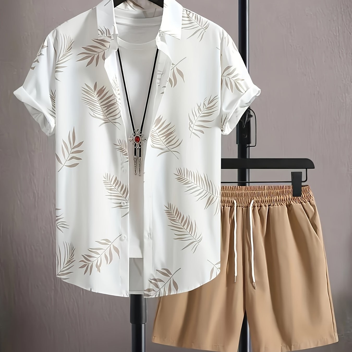 Men'S Two-Piece Set Featuring a Leaf Print Button-Up Shirt And Drawstring Casual Shorts, Perfect for Relaxed Summer Wear Cole Hampton