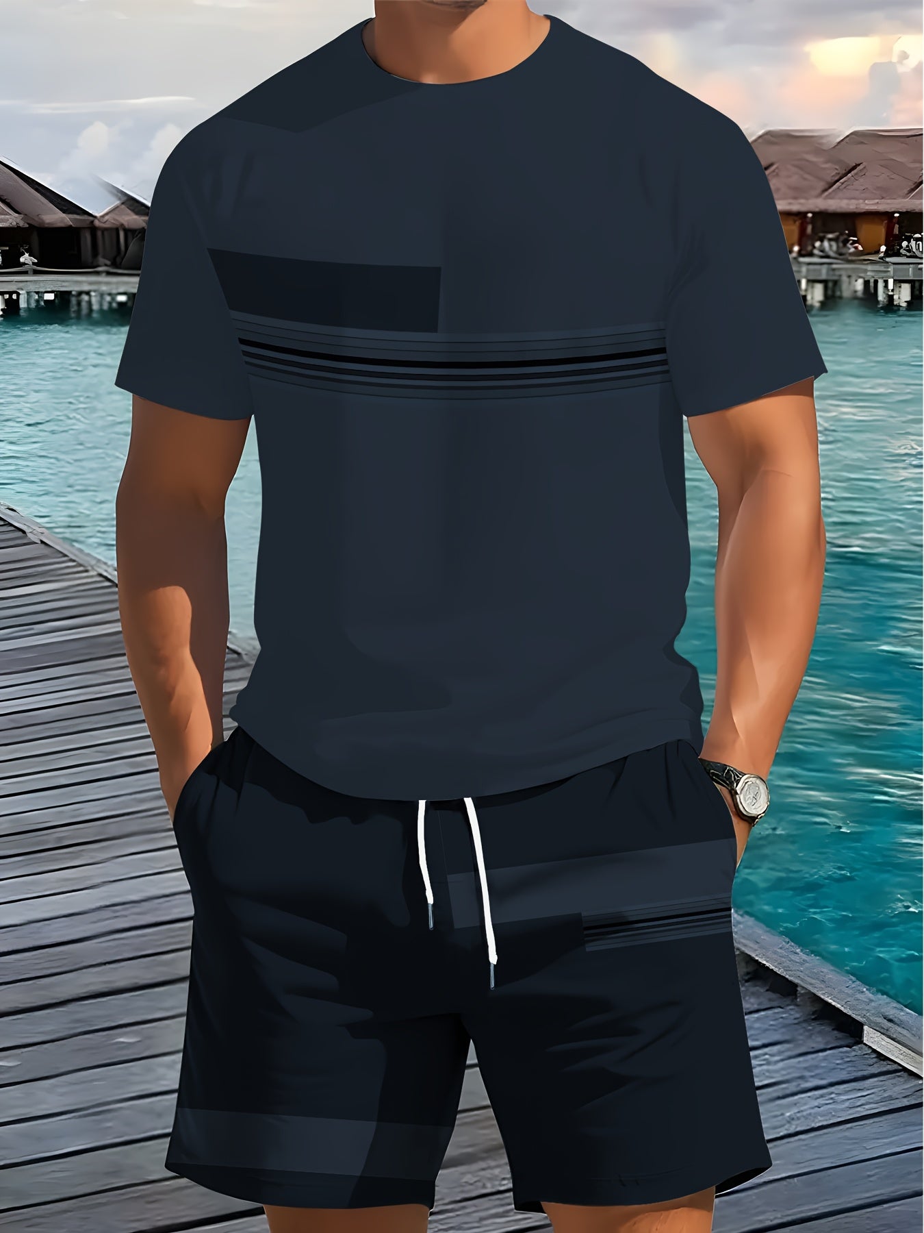 Men'S Summer Outdoor Outfit - Quick-Dry T-Shirt And Shorts, Retro Striped Print, Navy Blue And White, Casual Streetwear, Suitable for Fitness, Running, And Casual Wear, Perfect Gift for Birthdays Or Holidays Cole Hampton