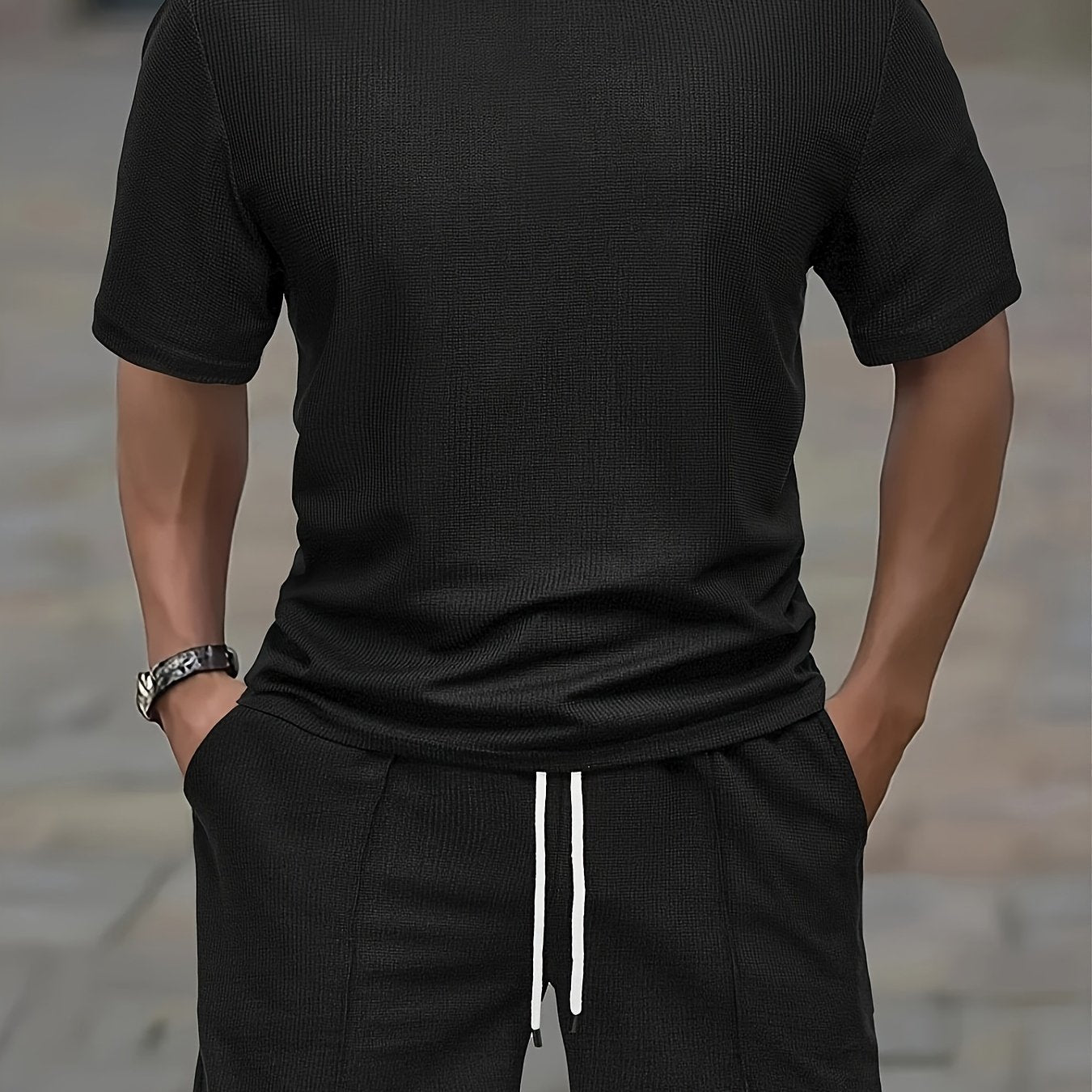 Men'S Waffle Round Neck Short Sleeve T-Shirt And Drawstring Shorts 2pcs Casual Athletic Regular Fit T-Shirt Top Spring Summer Outfit Cole Hampton