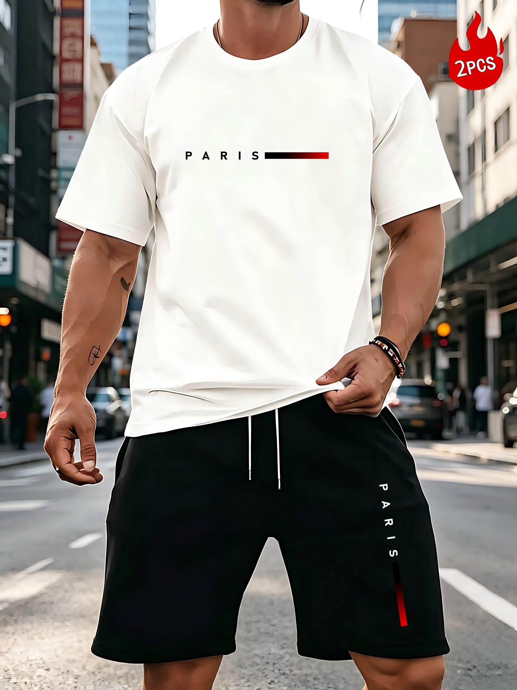 Summer Trend PARIS Print Pattern, Men's Fashion Casual T-shirt and Shorts Set Cole Hampton