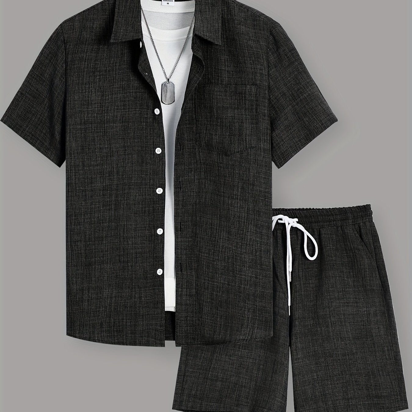 OBM Starry Men'S Solid Color Fresh Pocket Short Sleeve Shirt And Drawstring Double Slant Pockets Shorts Set Cole Hampton