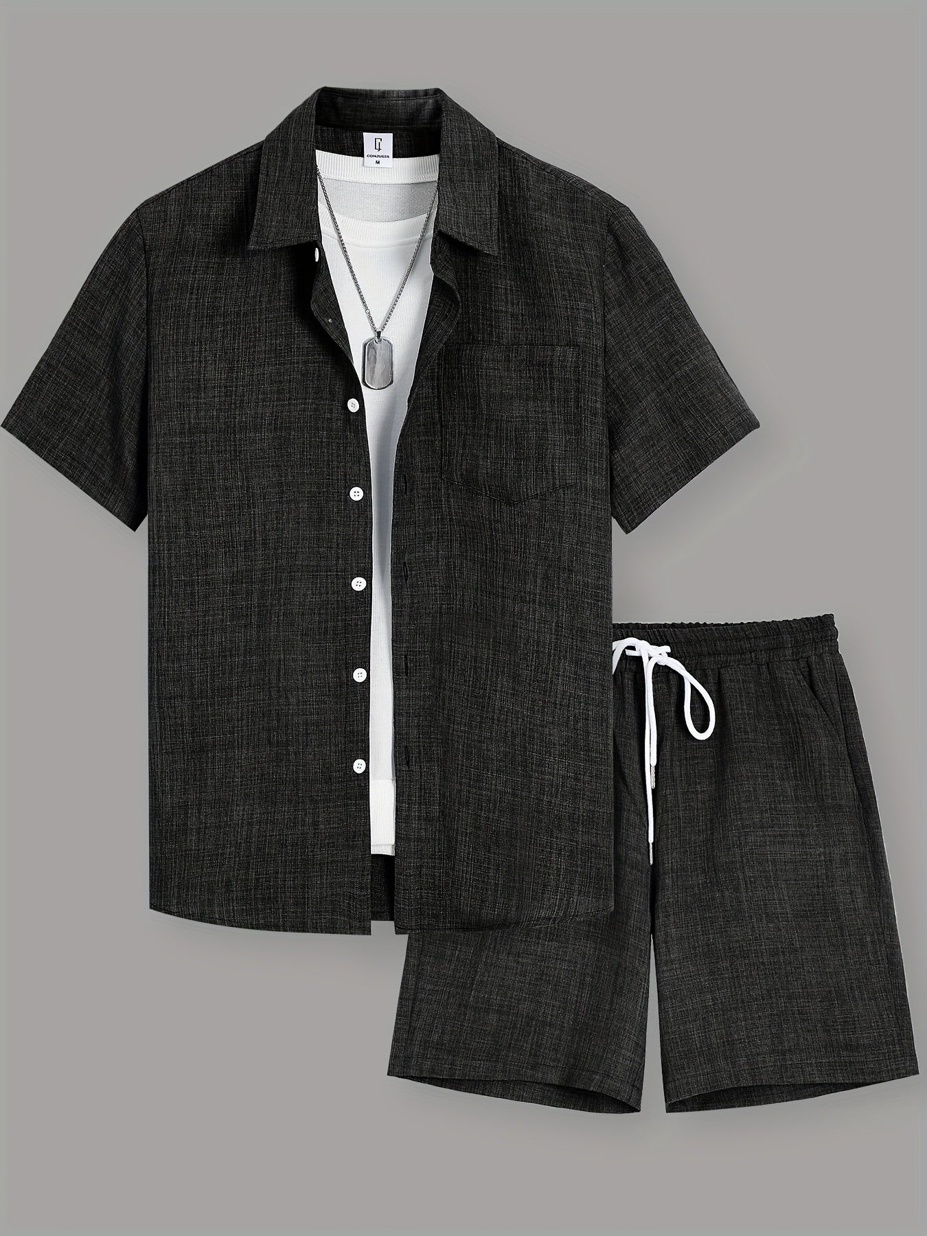 OBM Starry Men'S Solid Color Fresh Pocket Short Sleeve Shirt And Drawstring Double Slant Pockets Shorts Set Cole Hampton