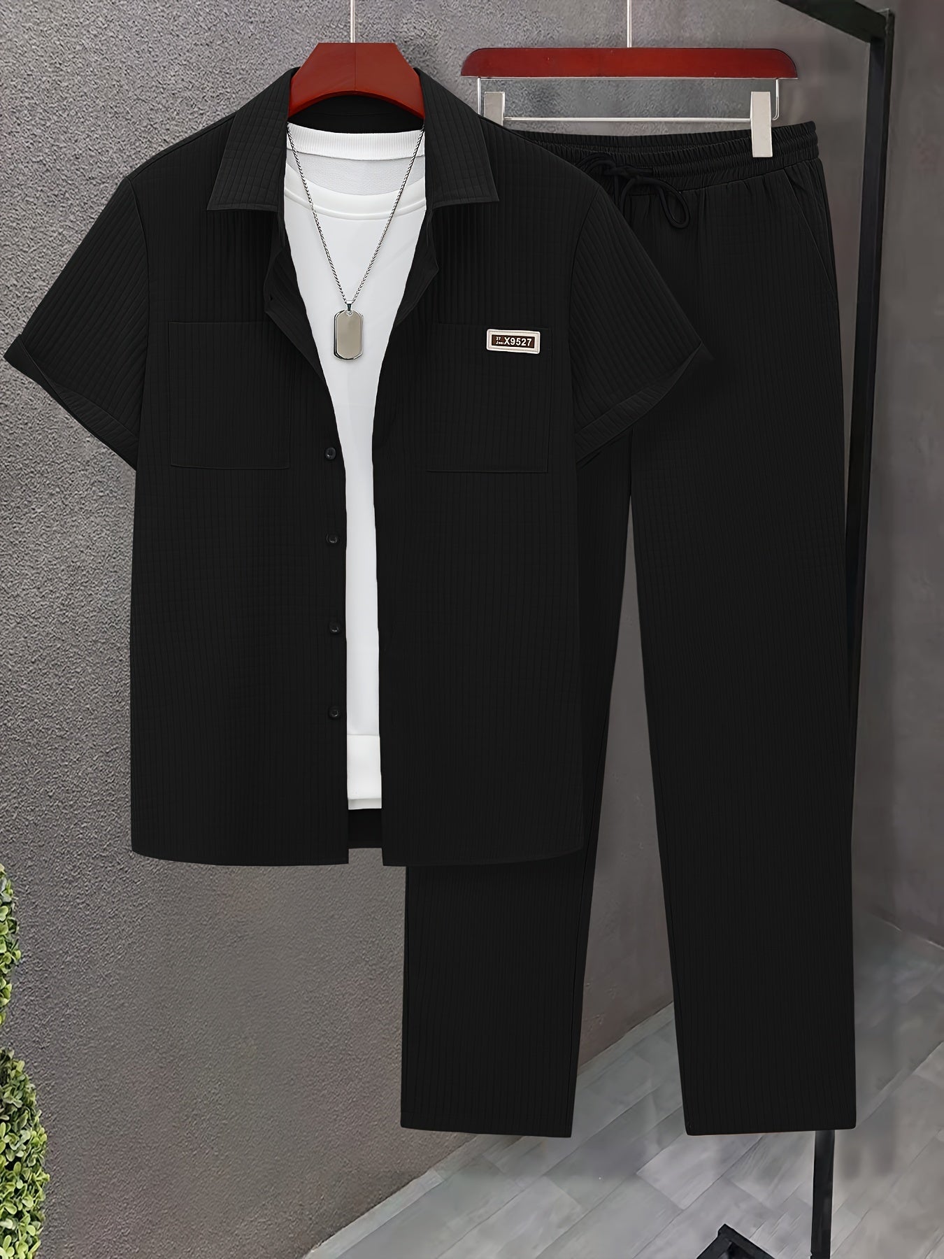 Summer Men'S Casual Bread Check Texture Short Sleeve Long Pants Shirt Set, 100% Polyester, Double-Pocket Shirt, Reversible Collar Woven Short Sleeve Top Machine Washable And Dry Clean Mature Non-Stretch Fashion Suitable for Outdoor/Office/Dating Han Cole Hampton