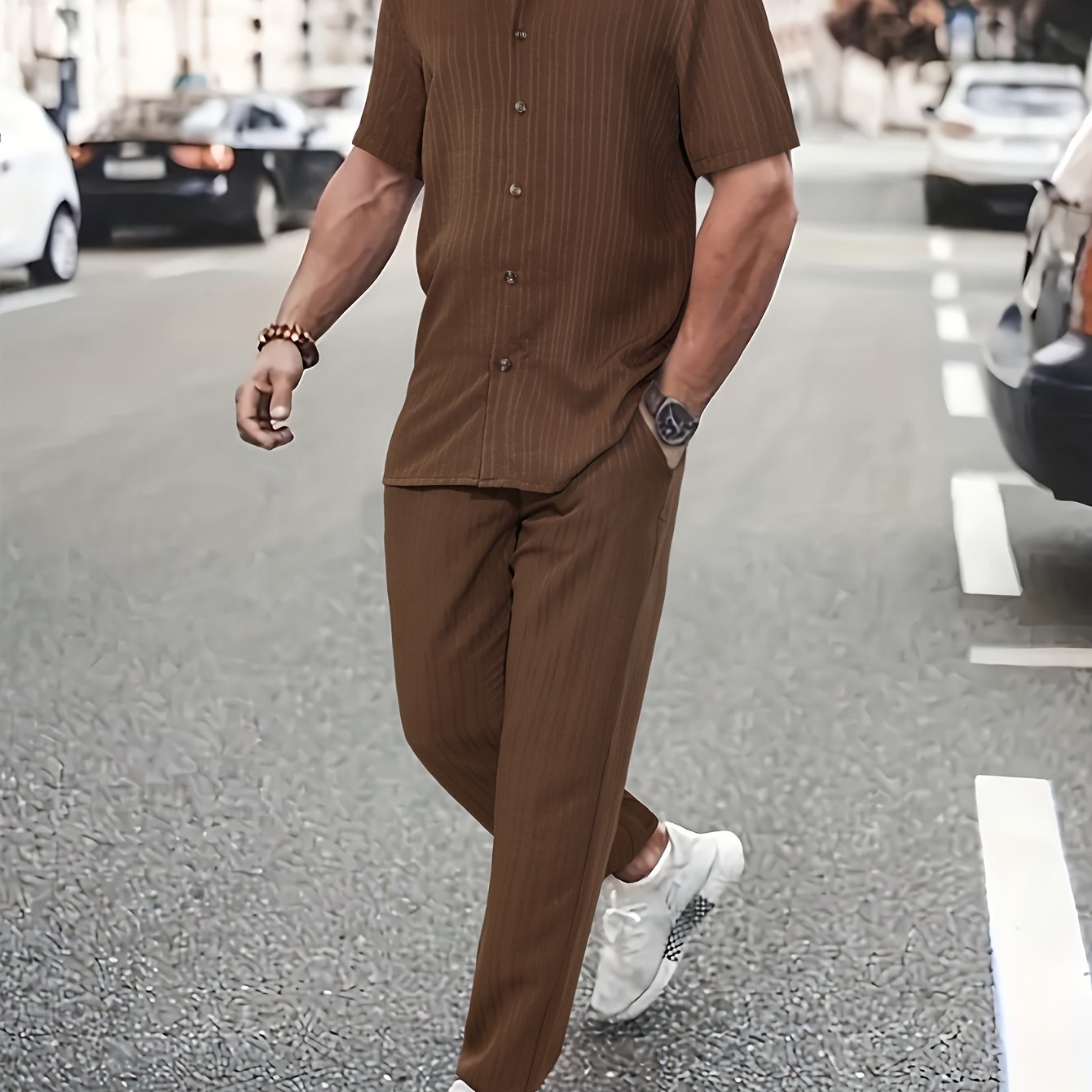 Men's New Trend Textured Wave Stripe Short Sleeve Long Pants Casual Set Cole Hampton