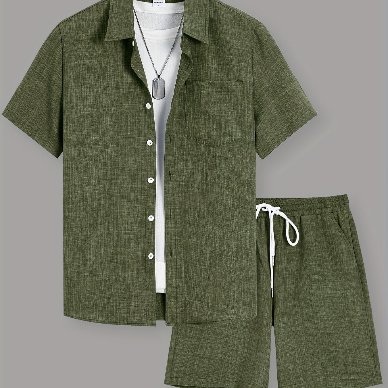 OBM Starry Men'S Solid Color Fresh Pocket Short Sleeve Shirt And Drawstring Double Slant Pockets Shorts Set Cole Hampton