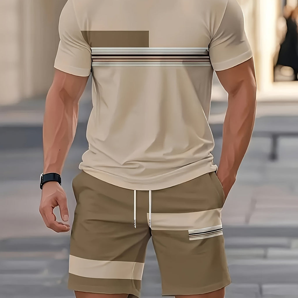 Men's Outdoor Outfit Set, Summer Trendy Fashion Short-Sleeve Crew Neck Creative Quick-Dry T-Shirt Top + Shorts, 3D Digital Print Vintage Style Striped Contrast Color Pattern, A Must-Have for Street Trendsetters, Suitable for Daily Casual Cole Hampton
