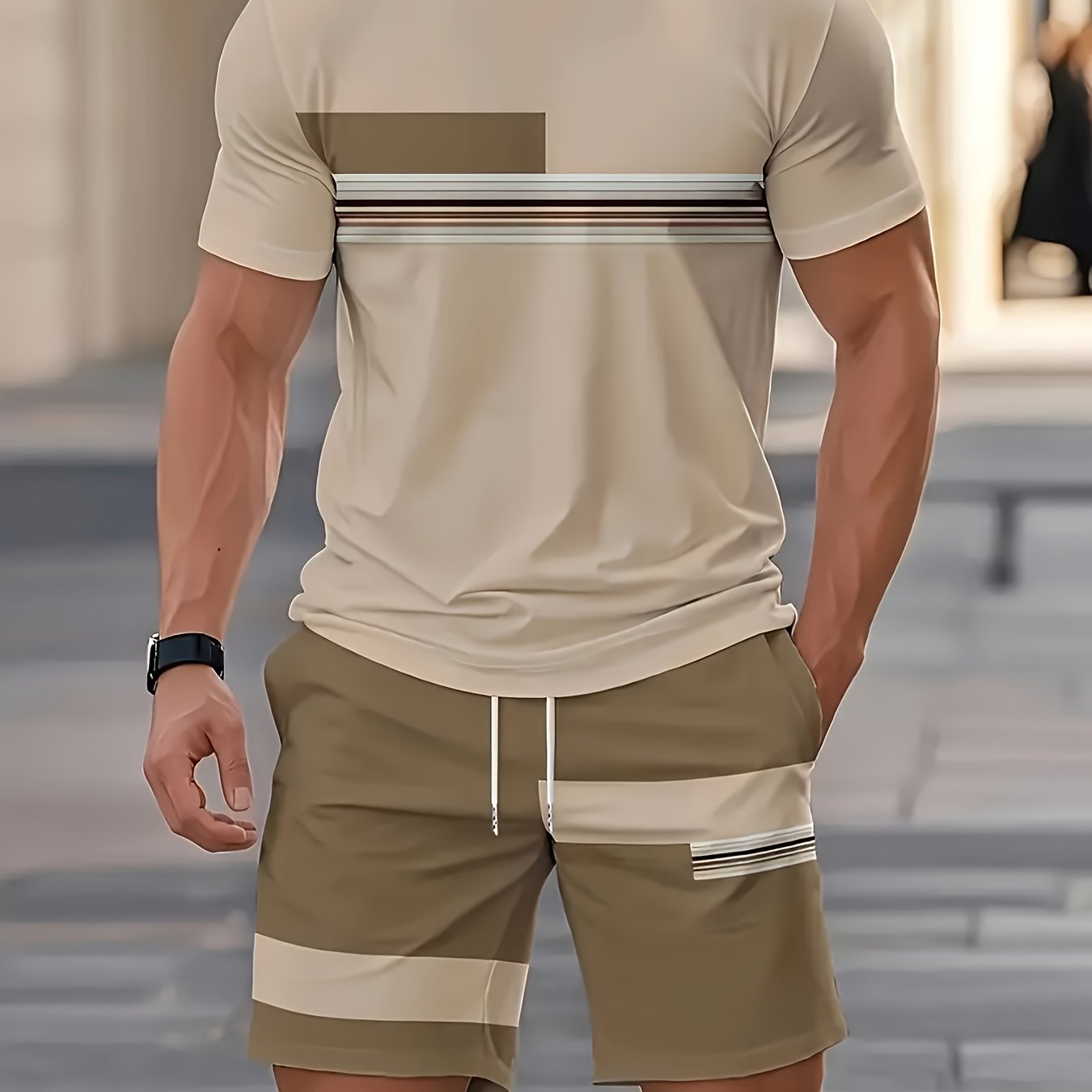 Men's Outdoor Outfit Set, Summer Trendy Fashion Short-Sleeve Crew Neck Creative Quick-Dry T-Shirt Top + Shorts, 3D Digital Print Vintage Style Striped Contrast Color Pattern, A Must-Have for Street Trendsetters, Suitable for Daily Casual Cole Hampton