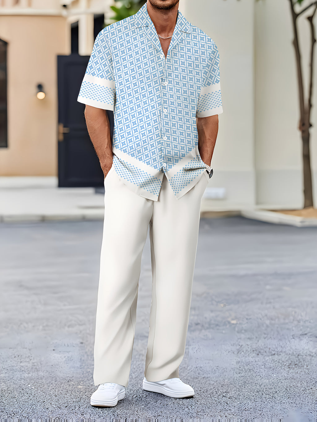 Cole Hampton Men's Cuban Collar Shirt & Pants Set, Star Print
