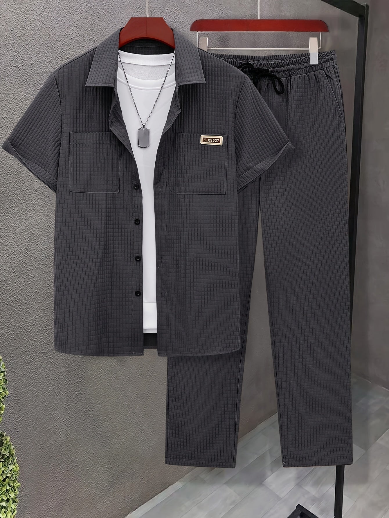 Summer Men'S Casual Bread Check Texture Short Sleeve Long Pants Shirt Set, 100% Polyester, Double-Pocket Shirt, Reversible Collar Woven Short Sleeve Top Machine Washable And Dry Clean Mature Non-Stretch Fashion Suitable for Outdoor/Office/Dating Han Cole Hampton