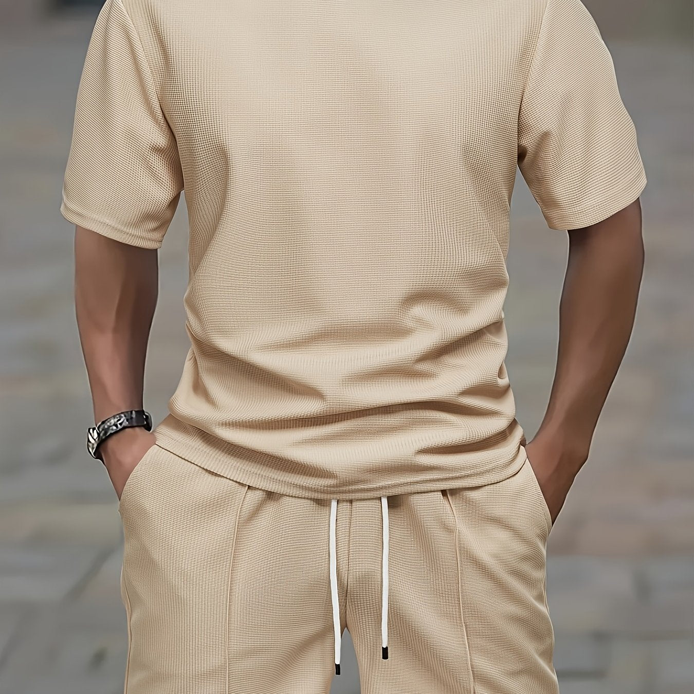 Men'S Waffle Round Neck Short Sleeve T-Shirt And Drawstring Shorts 2pcs Casual Athletic Regular Fit T-Shirt Top Spring Summer Outfit Cole Hampton