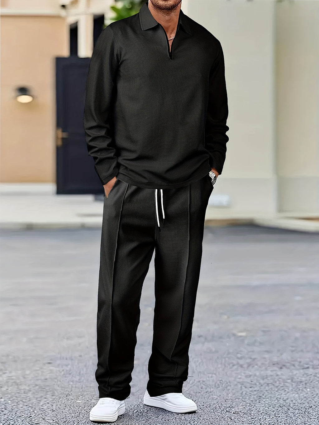 Men's 2pcs Solid Color Waffle Knit Casual Set: Long Sleeve Lapel Shirt, Long Sleeve Sweatshirt, and Solid Color Drawstring Pants. A Chic and Comfortable Casual Set Suitable for Men's Daily Casual Wear, Vacation Wear, and Spring/autumn Menswear Cole Hampton