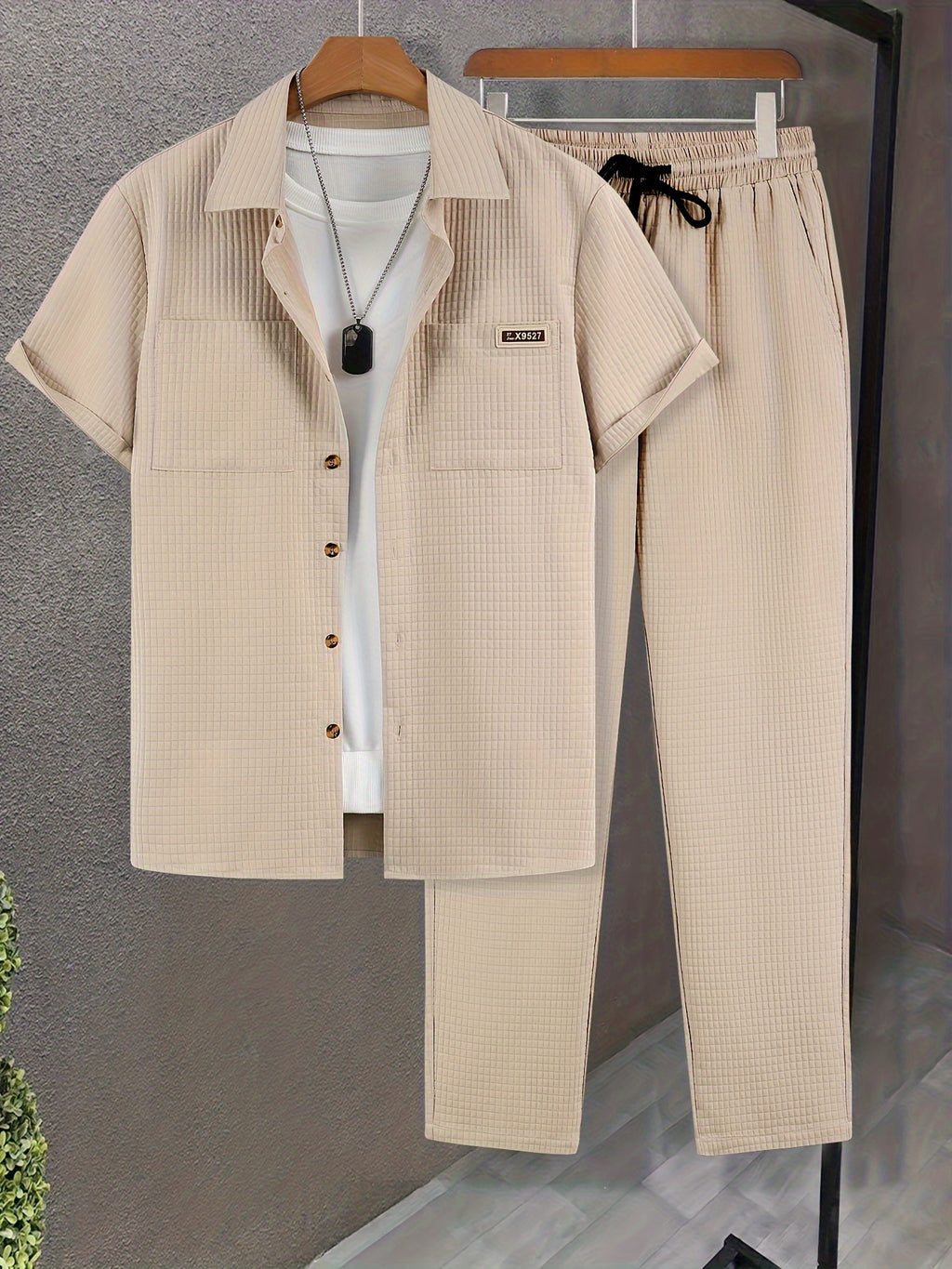 Summer Men'S Casual Bread Check Texture Short Sleeve Long Pants Shirt Set, 100% Polyester, Double-Pocket Shirt, Reversible Collar Woven Short Sleeve Top Machine Washable And Dry Clean Mature Non-Stretch Fashion Suitable for Outdoor/Office/Dating Han Cole Hampton