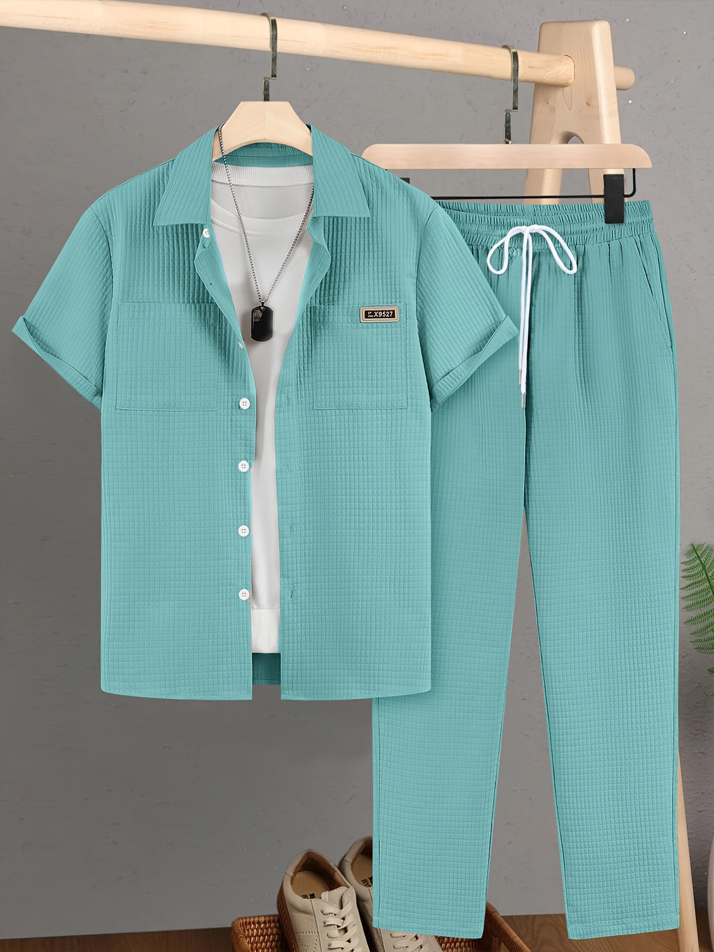 Summer Men'S Casual Bread Check Texture Short Sleeve Long Pants Shirt Set, 100% Polyester, Double-Pocket Shirt, Reversible Collar Woven Short Sleeve Top Machine Washable And Dry Clean Mature Non-Stretch Fashion Suitable for Outdoor/Office/Dating Han Cole Hampton