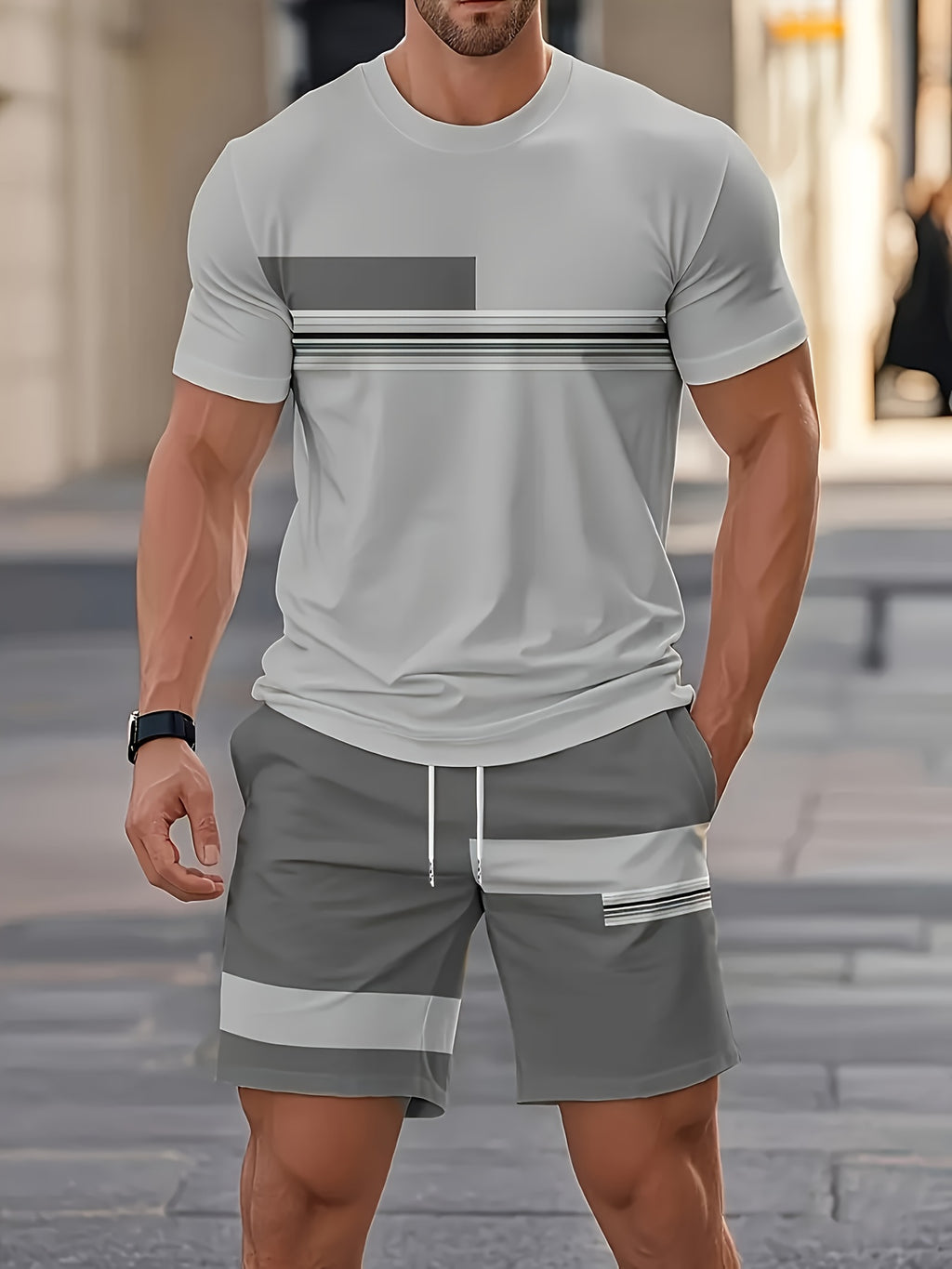 Men's Outdoor Outfit Set, Summer Trendy Fashion Short-Sleeve Crew Neck Creative Quick-Dry T-Shirt Top + Shorts, 3D Digital Print Vintage Style Striped Contrast Color Pattern, A Must-Have for Street Trendsetters, Suitable for Daily Casual Cole Hampton