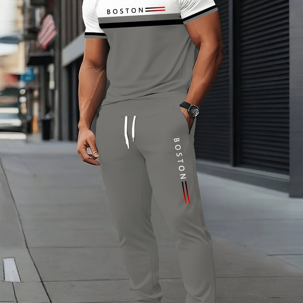 Men's Digital Printing Casual T-Shirt Pants Set - Polyester Blend, Round Neck, Slightly Stretchy, Spring/autumn Letter Printed Clothing, Regular Fit, Knitted Fabric, Suitable for Weekend Casual and Fashionable Wear Cole Hampton
