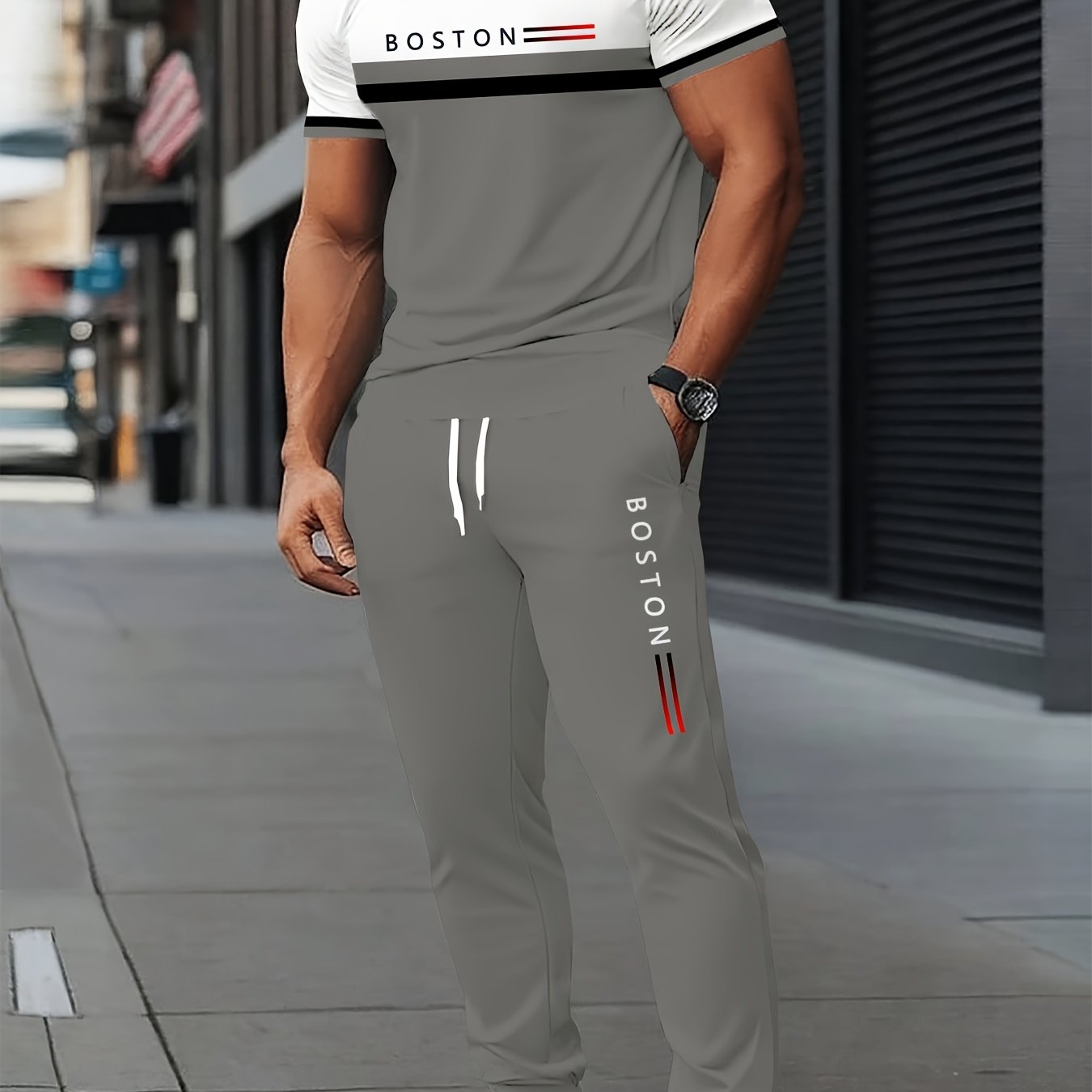 Men's Digital Printing Casual T-Shirt Pants Set - Polyester Blend, Round Neck, Slightly Stretchy, Spring/autumn Letter Printed Clothing, Regular Fit, Knitted Fabric, Suitable for Weekend Casual and Fashionable Wear Cole Hampton