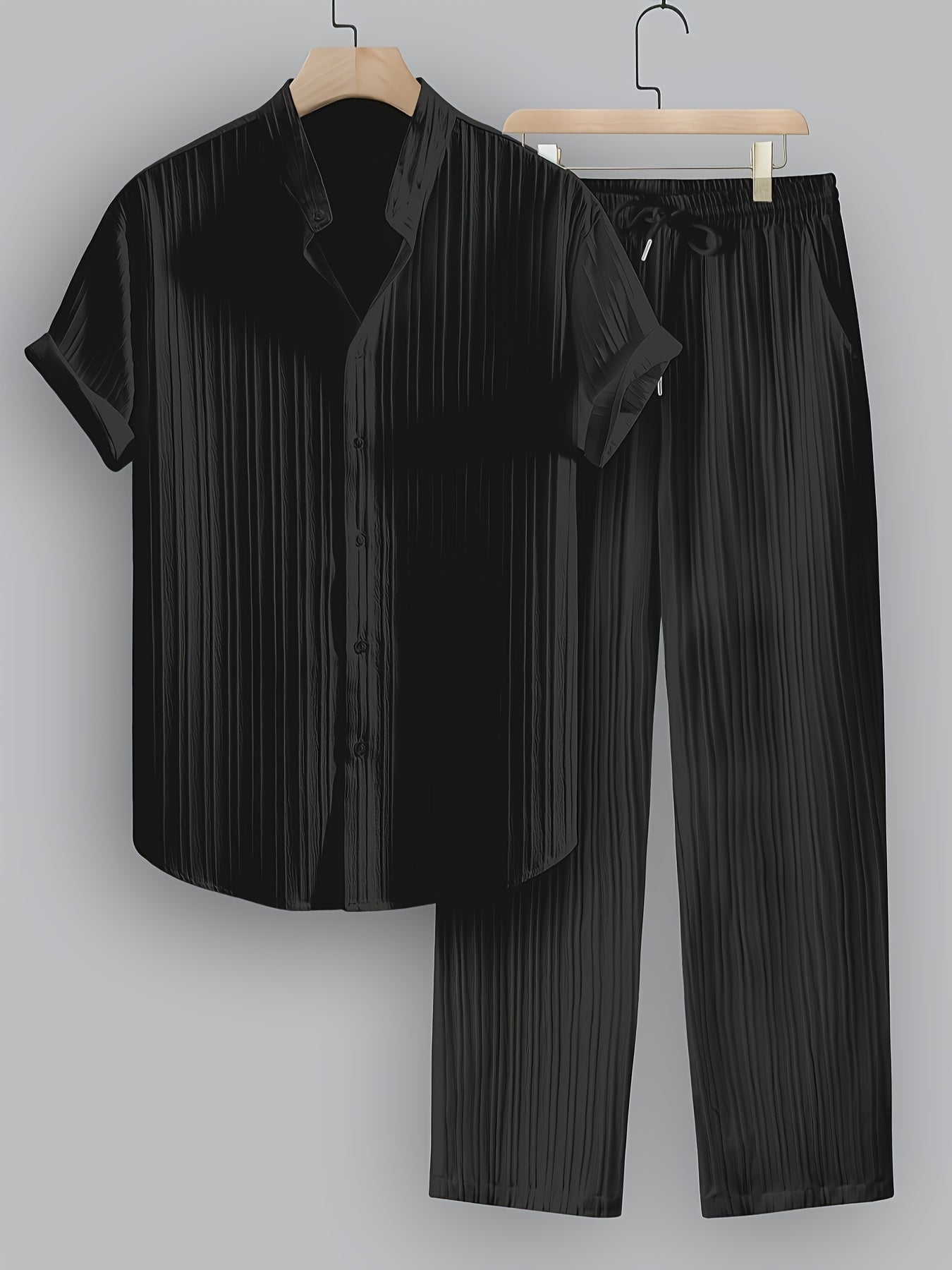 2pcs Men'S Summer Casual Striped Polyester Suit, Short-Sleeved Stand Collar Shirt And Drawstring Pants, Non-Stretch Woven Fabric, Regular Fit Suitable for Daily Wear And Beach Vacation, Solid Color, Beach Vacation Cole Hampton