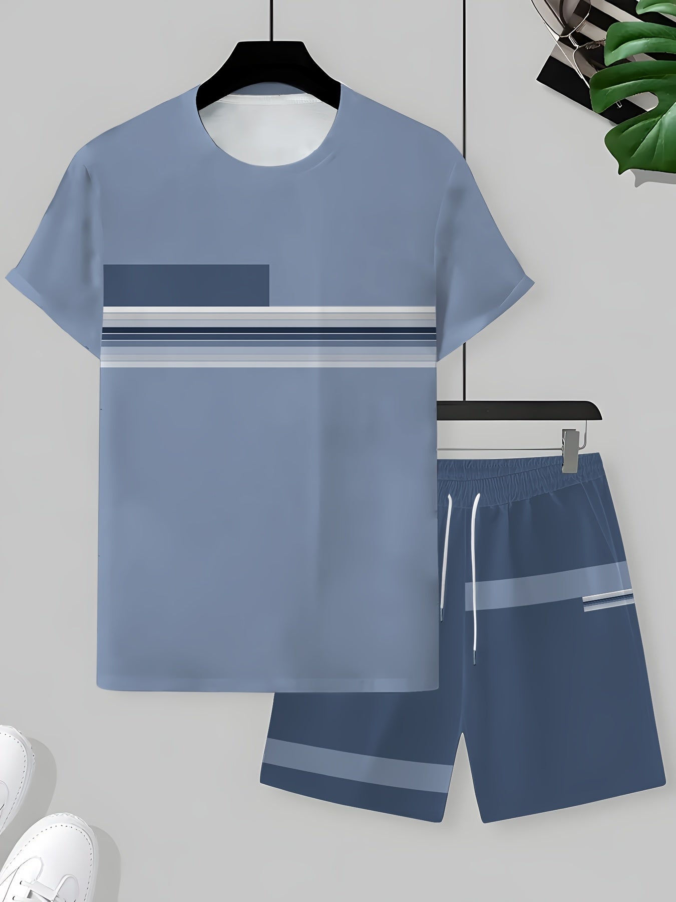Men'S Summer Outdoor Outfit - Quick-Dry T-Shirt And Shorts, Retro Striped Print, Navy Blue And White, Casual Streetwear, Suitable for Fitness, Running, And Casual Wear, Perfect Gift for Birthdays Or Holidays Cole Hampton