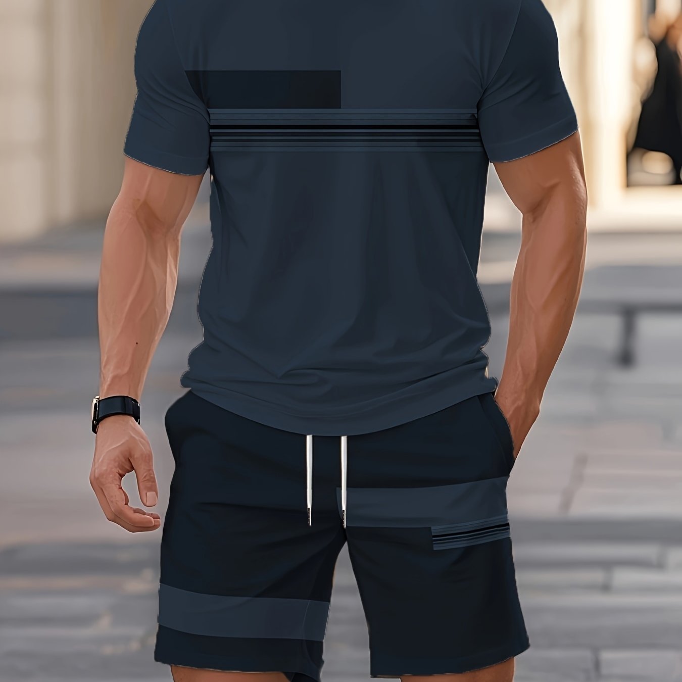 Men'S Summer Outdoor Outfit - Quick-Dry T-Shirt And Shorts, Retro Striped Print, Navy Blue And White, Casual Streetwear, Suitable for Fitness, Running, And Casual Wear, Perfect Gift for Birthdays Or Holidays Cole Hampton