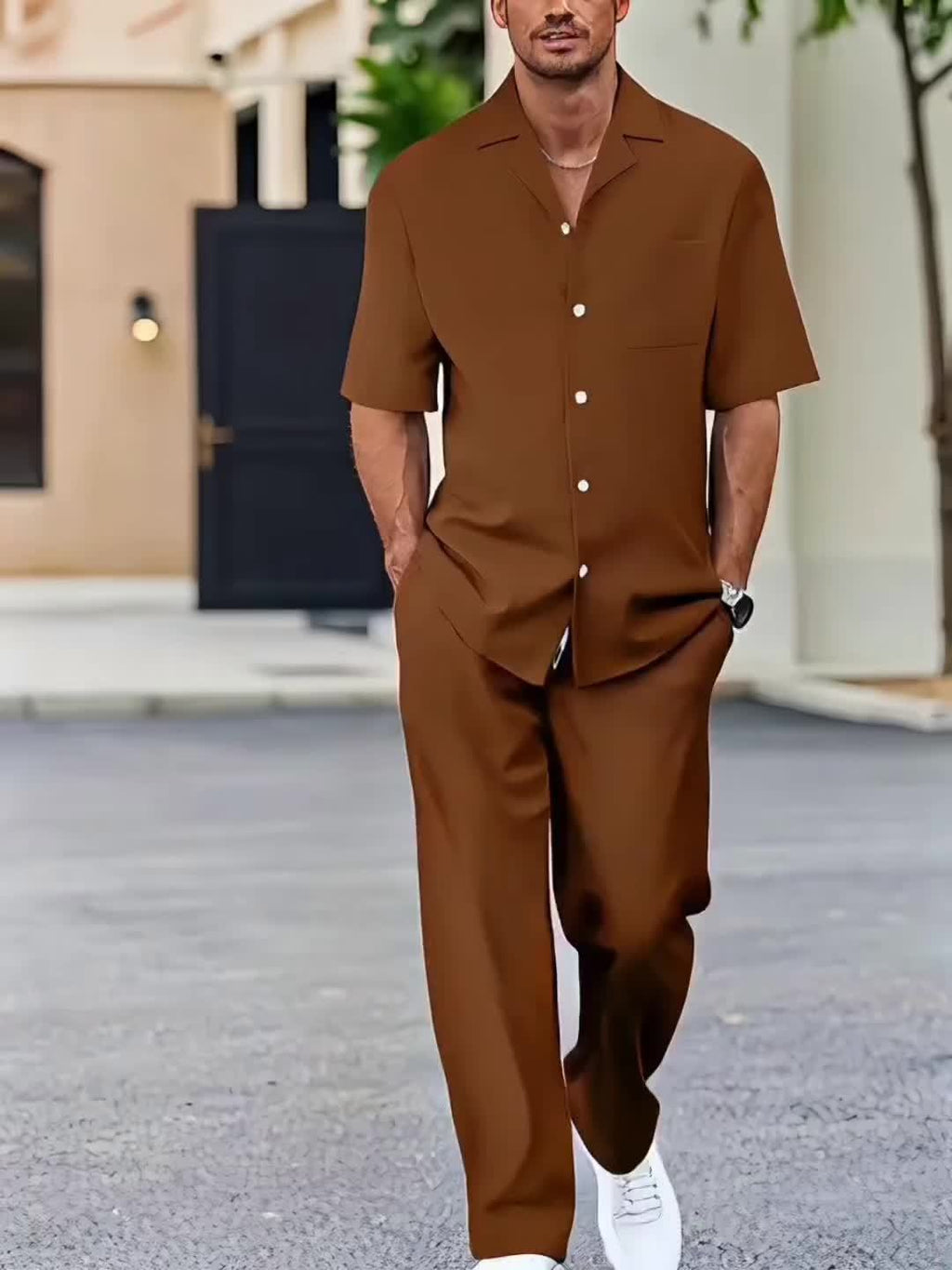 Men's Casual Suit-Inspired Short Sleeve Shirt & Loose Straight Pants Set - Polyester, Machine Washable Cole Hampton