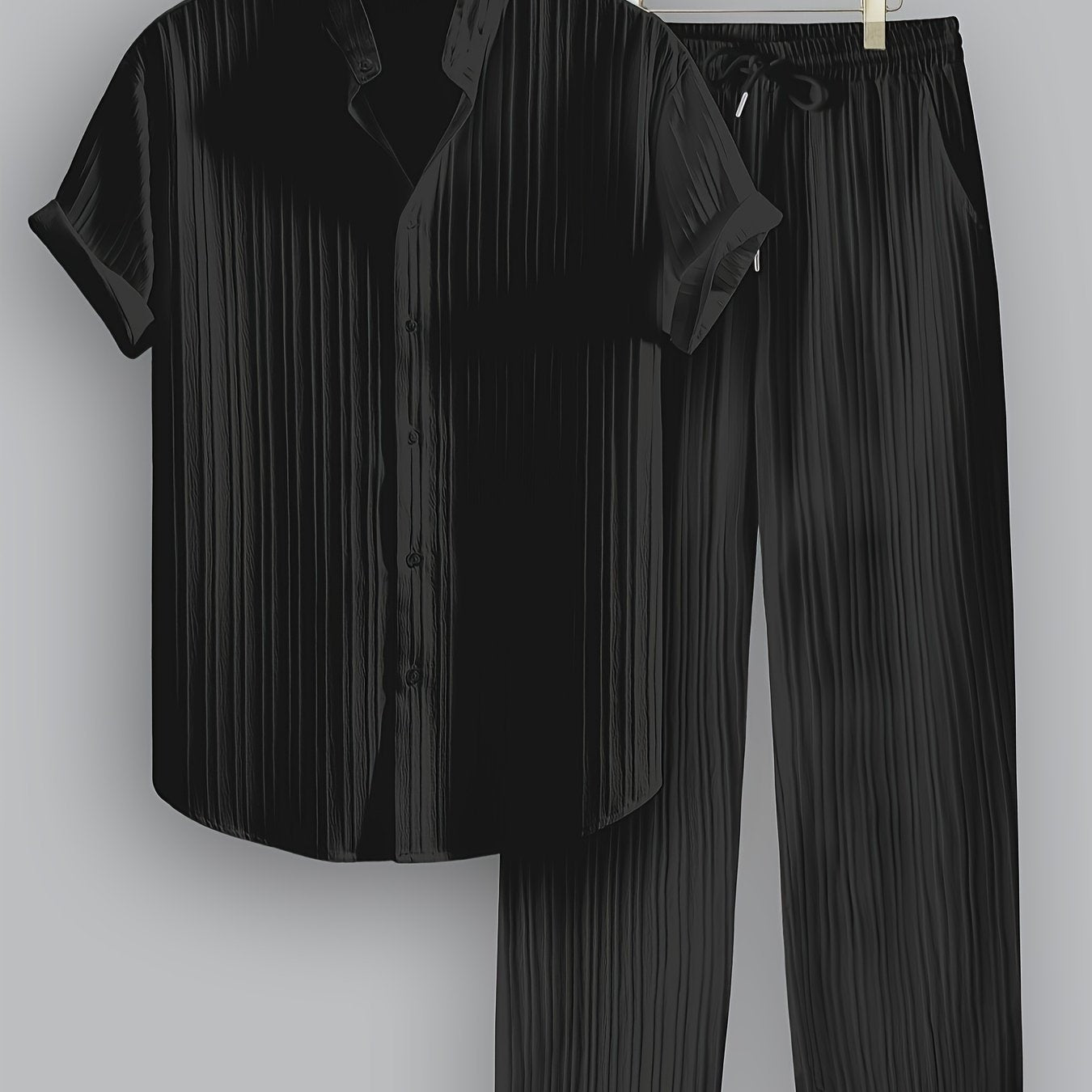 2pcs Men'S Summer Casual Striped Polyester Suit, Short-Sleeved Stand Collar Shirt And Drawstring Pants, Non-Stretch Woven Fabric, Regular Fit Suitable for Daily Wear And Beach Vacation, Solid Color, Beach Vacation Cole Hampton