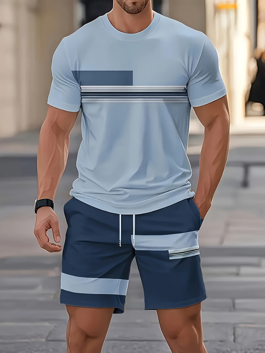 Men's Outdoor Outfit Set, Summer Trendy Fashion Short-Sleeve Crew Neck Creative Quick-Dry T-Shirt Top + Shorts, 3D Digital Print Vintage Style Striped Contrast Color Pattern, A Must-Have for Street Trendsetters, Suitable for Daily Casual Cole Hampton