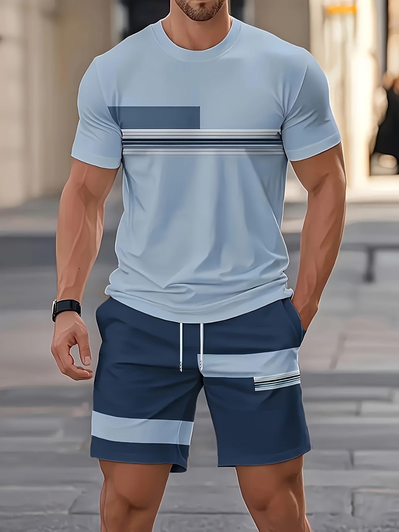 Men's Outdoor Outfit Set, Summer Trendy Fashion Short-Sleeve Crew Neck Creative Quick-Dry T-Shirt Top + Shorts, 3D Digital Print Vintage Style Striped Contrast Color Pattern, A Must-Have for Street Trendsetters, Suitable for Daily Casual Cole Hampton
