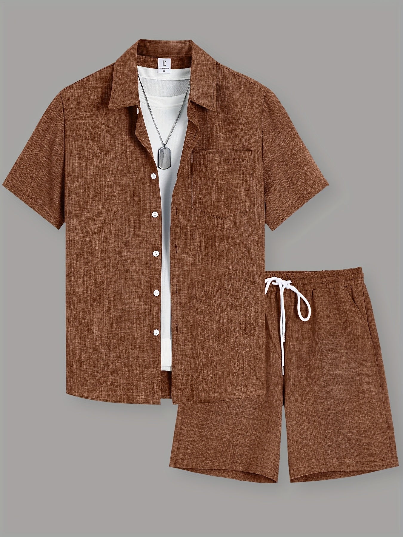 OBM Starry Men'S Solid Color Fresh Pocket Short Sleeve Shirt And Drawstring Double Slant Pockets Shorts Set Cole Hampton