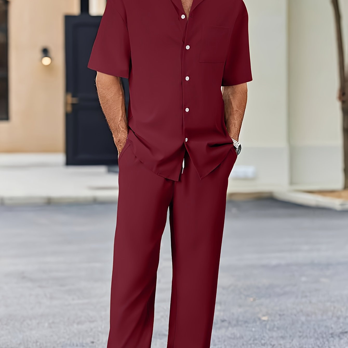 Men's Casual Suit-Inspired Short Sleeve Shirt & Loose Straight Pants Set - Polyester, Machine Washable Cole Hampton