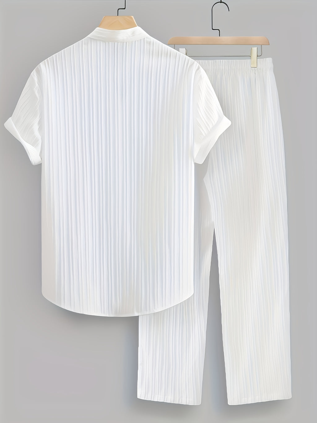 2pcs Men'S Summer Casual Striped Polyester Suit, Short-Sleeved Stand Collar Shirt And Drawstring Pants, Non-Stretch Woven Fabric, Regular Fit Suitable for Daily Wear And Beach Vacation, Solid Color, Beach Vacation Cole Hampton