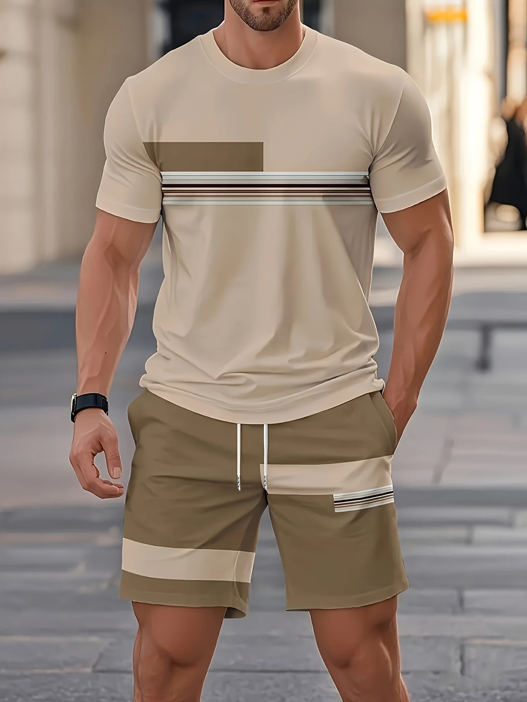Men'S Summer Outdoor Outfit - Quick-Dry T-Shirt And Shorts, Retro Striped Print, Navy Blue And White, Casual Streetwear, Suitable for Fitness, Running, And Casual Wear, Perfect Gift for Birthdays Or Holidays Cole Hampton