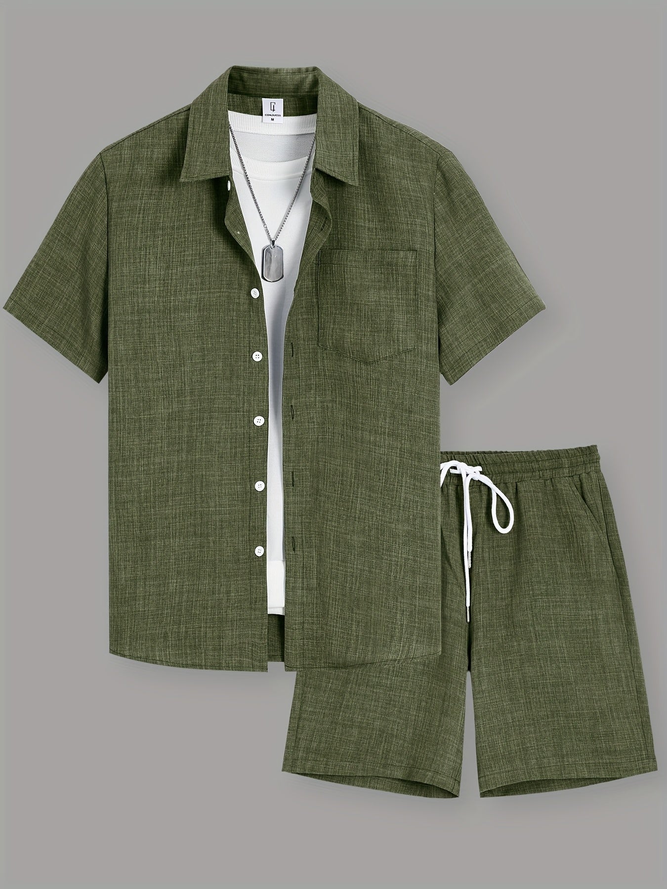 OBM Starry Men'S Solid Color Fresh Pocket Short Sleeve Shirt And Drawstring Double Slant Pockets Shorts Set Cole Hampton