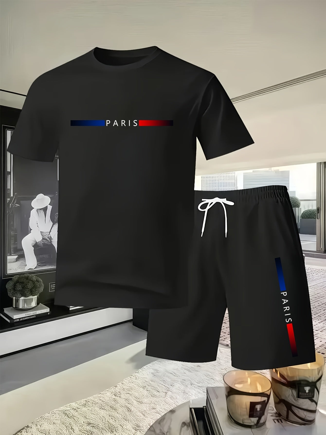 Summer Trend PARIS Print Pattern, Men's Fashion Casual T-shirt and Shorts Set Cole Hampton